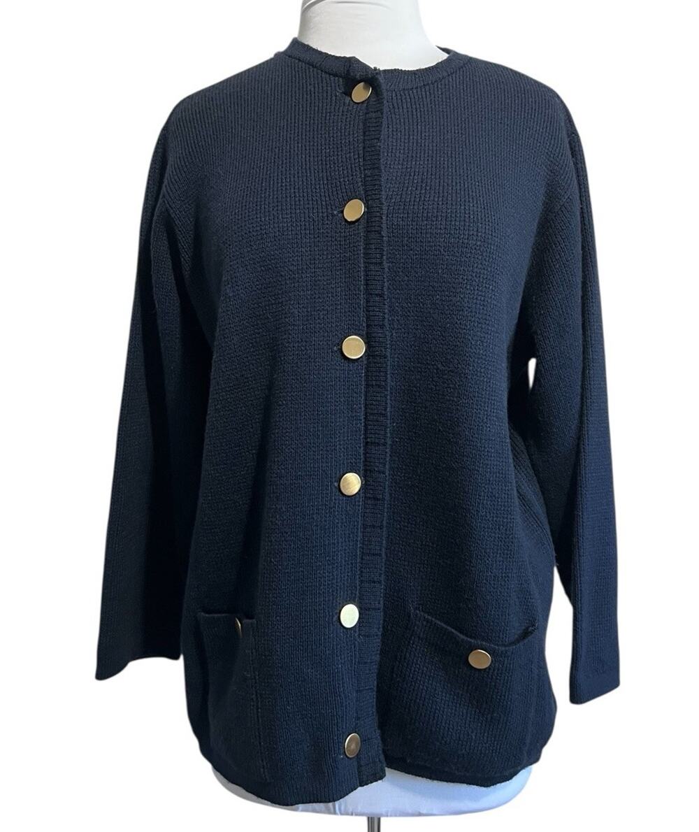 Joyce Women's Large Vintage Navy Blue Cardigan Sweater Gold Button Old Money